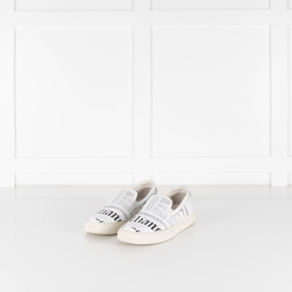 John Galliano White Black Newspaper Print Slide On Shoes