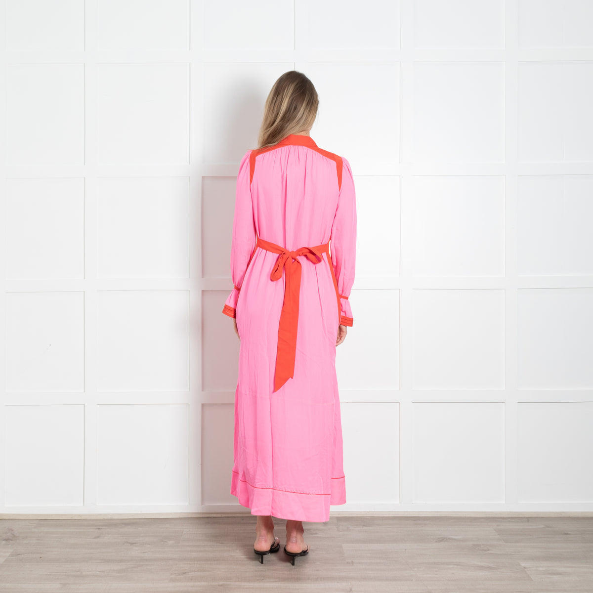 Me + Em Neon Pink Orange Trim Long Sleeve Maxi Dress