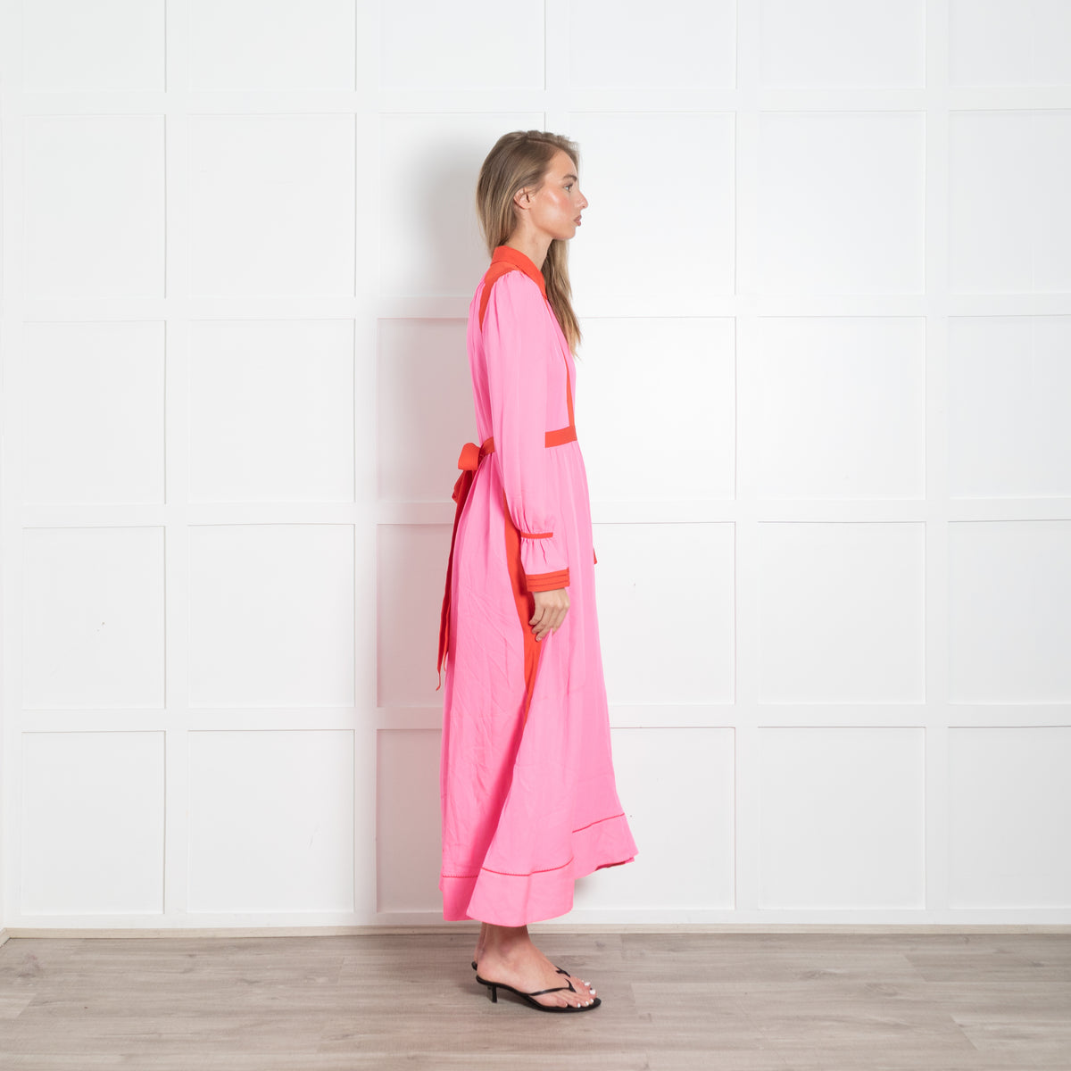 Me + Em Neon Pink Orange Trim Long Sleeve Maxi Dress