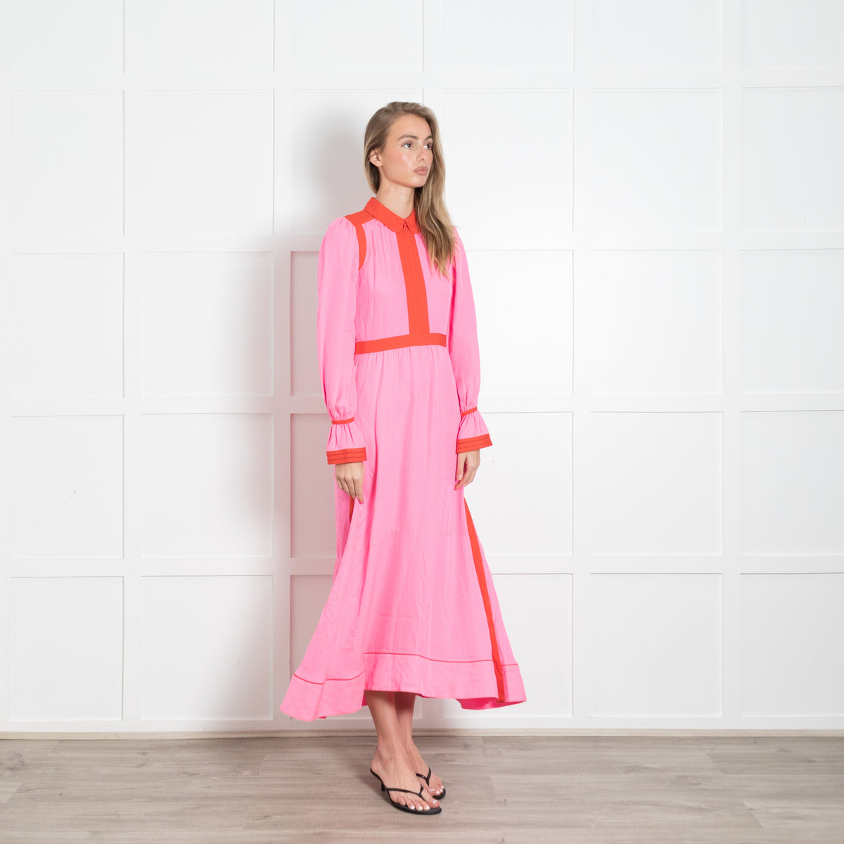 Me + Em Neon Pink Orange Trim Long Sleeve Maxi Dress