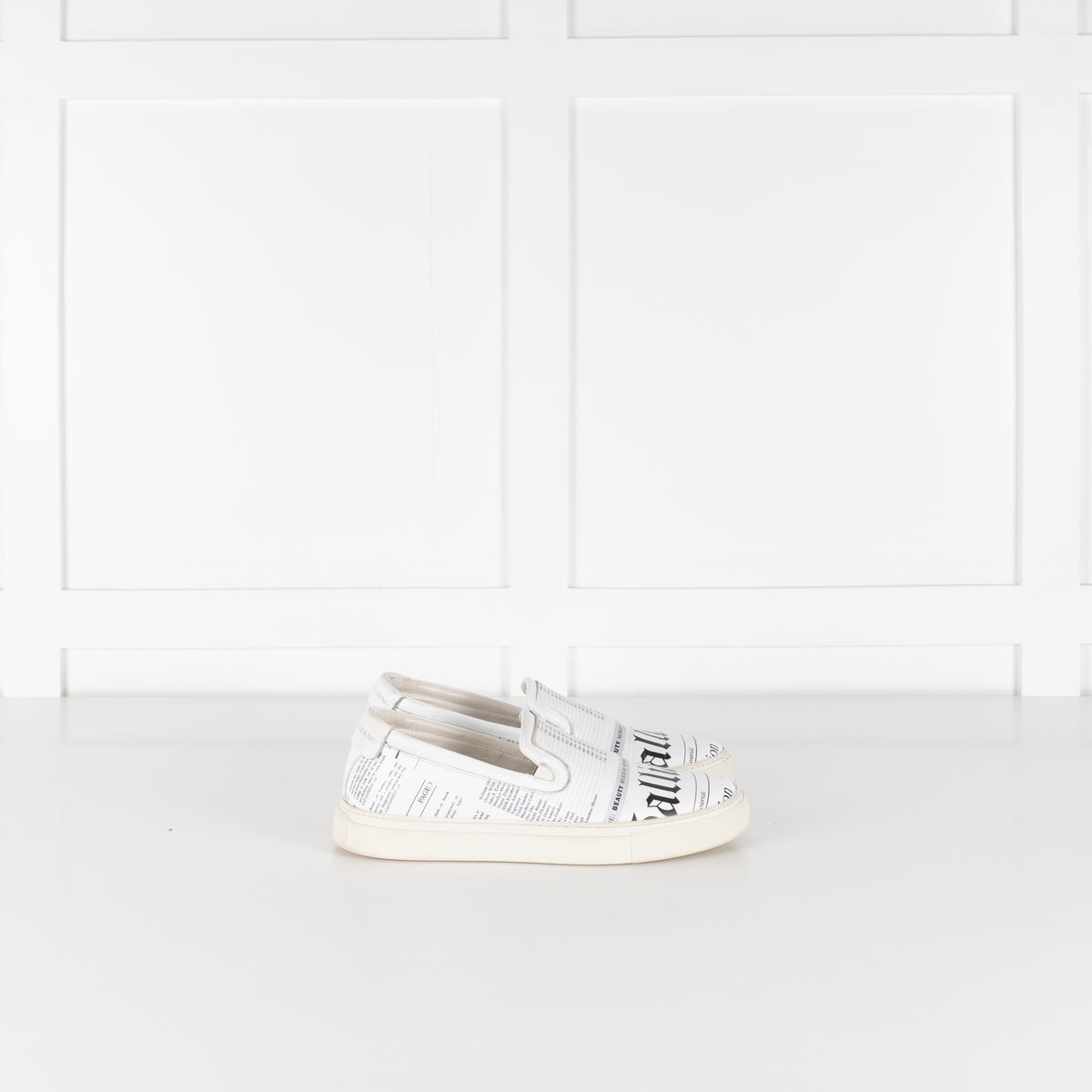 John Galliano White Black Newspaper Print Slide On Shoes