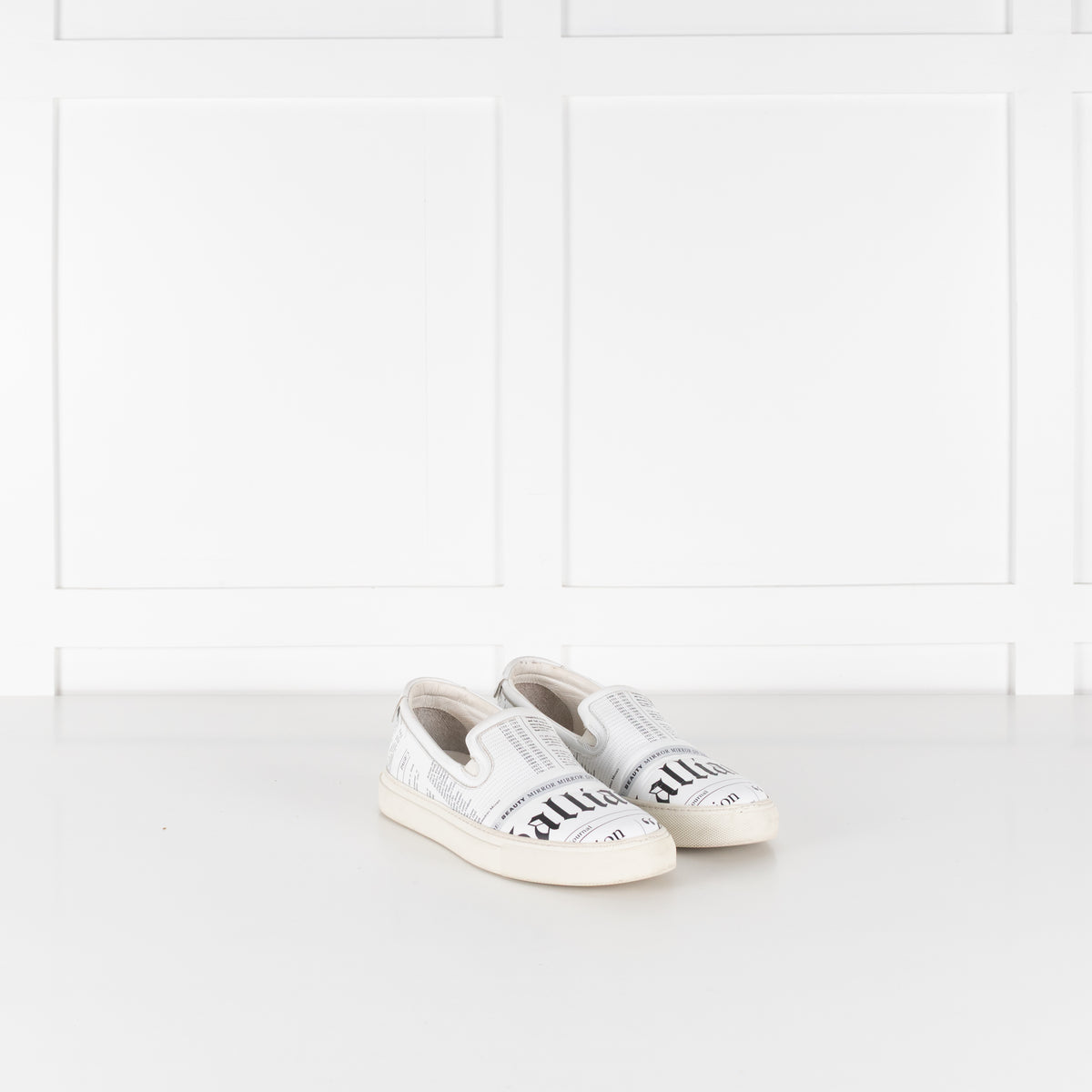 John Galliano White Black Newspaper Print Slide On Shoes