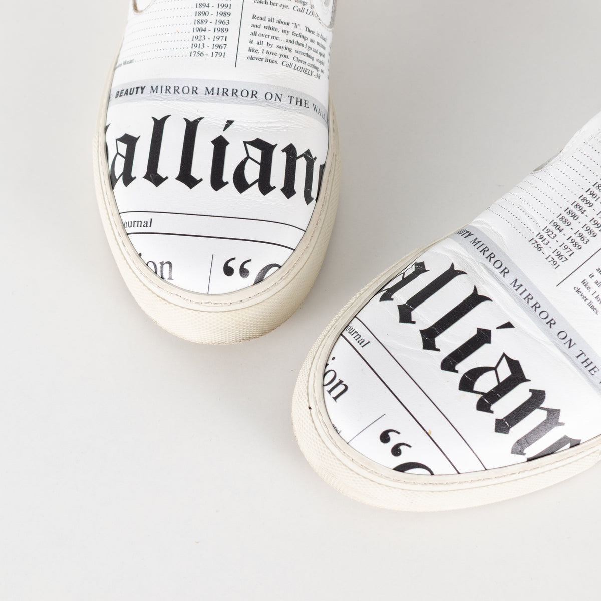 John Galliano White Black Newspaper Print Slide On Shoes