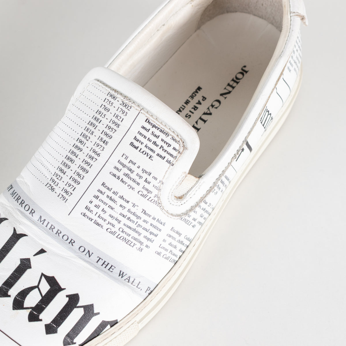 John Galliano White Black Newspaper Print Slide On Shoes