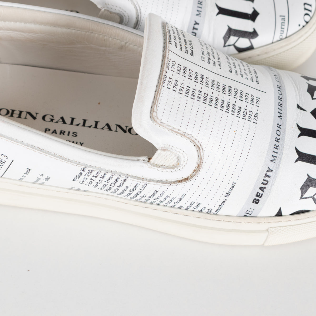 John Galliano White Black Newspaper Print Slide On Shoes