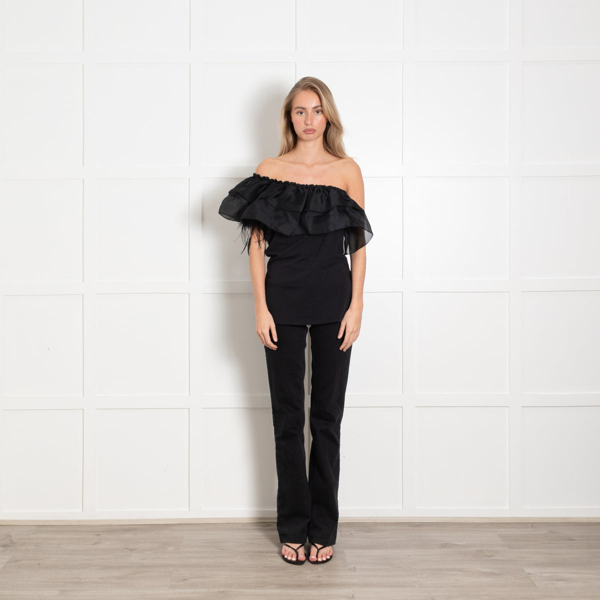 Max Mara Black Feather Detail Frill Trim One Shoulder Top