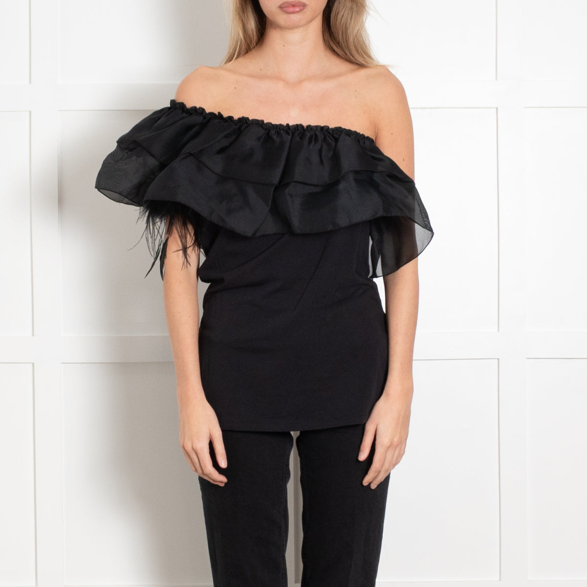 Max Mara Black Feather Detail Frill Trim One Shoulder Top