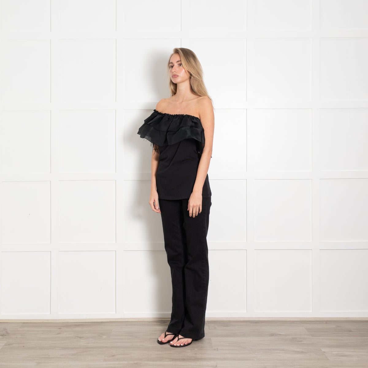 Max Mara Black Feather Detail Frill Trim One Shoulder Top