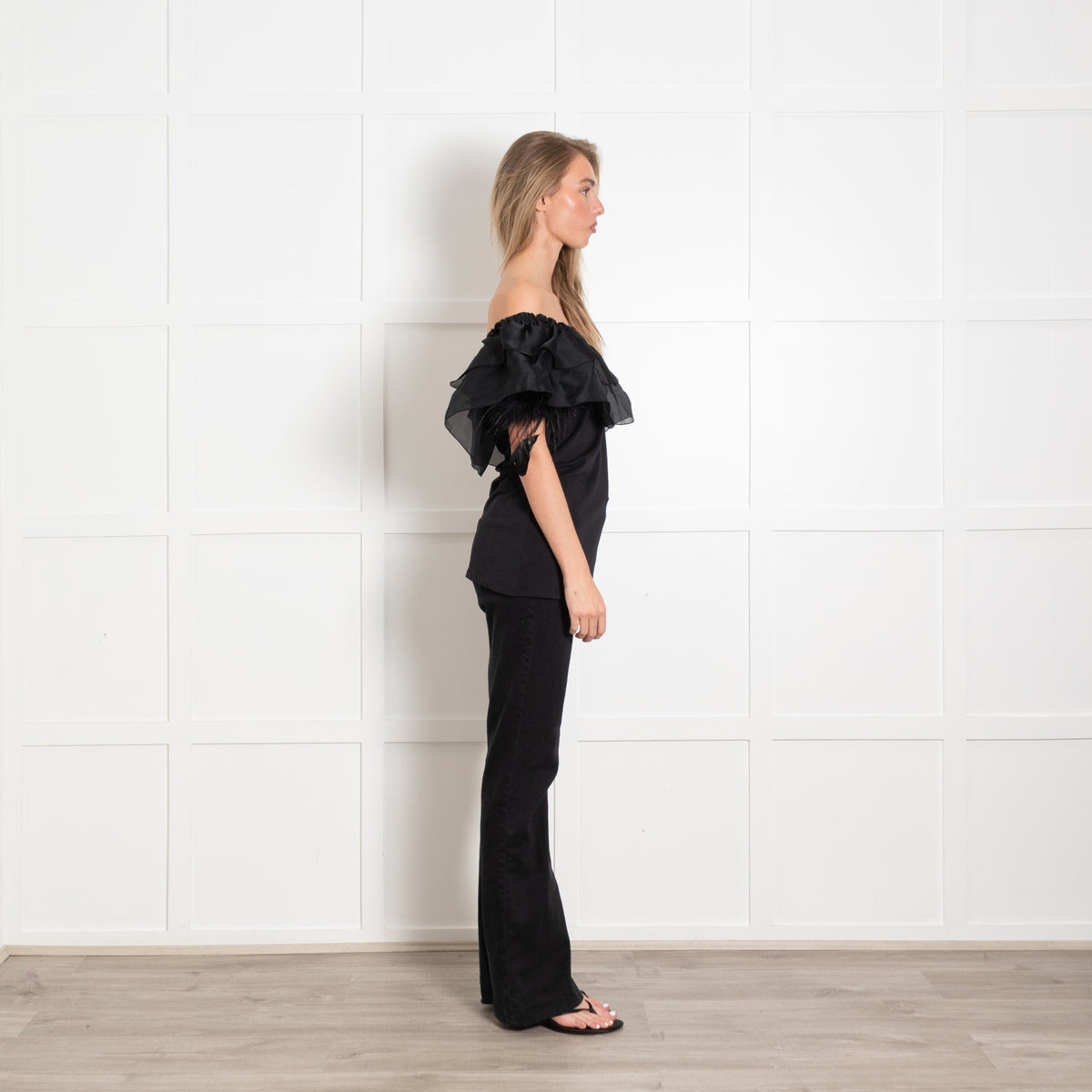 Max Mara Black Feather Detail Frill Trim One Shoulder Top