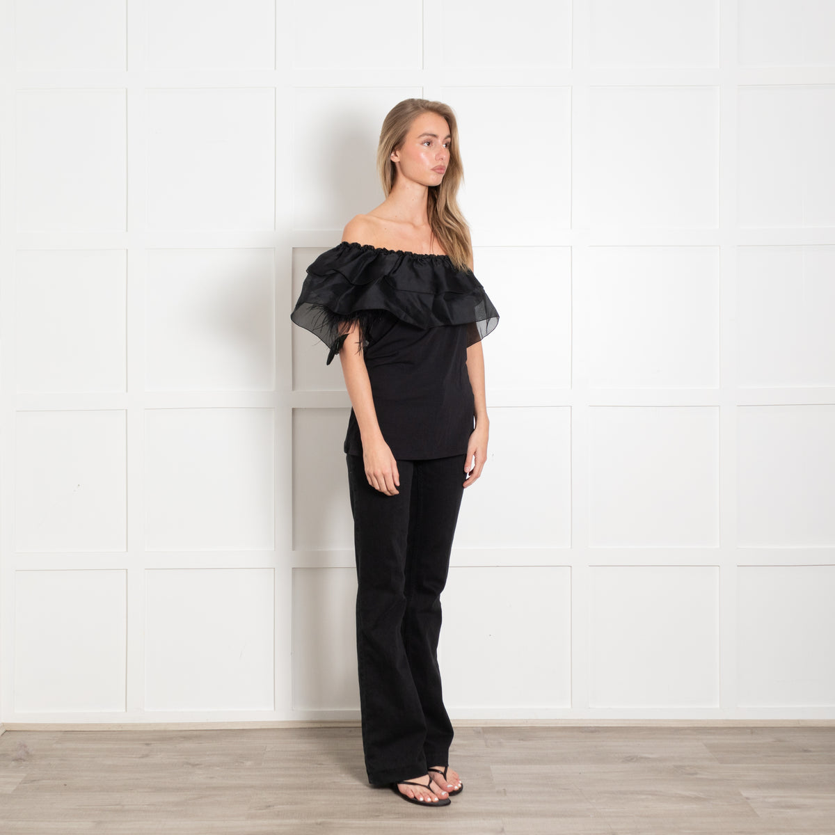Max Mara Black Feather Detail Frill Trim One Shoulder Top