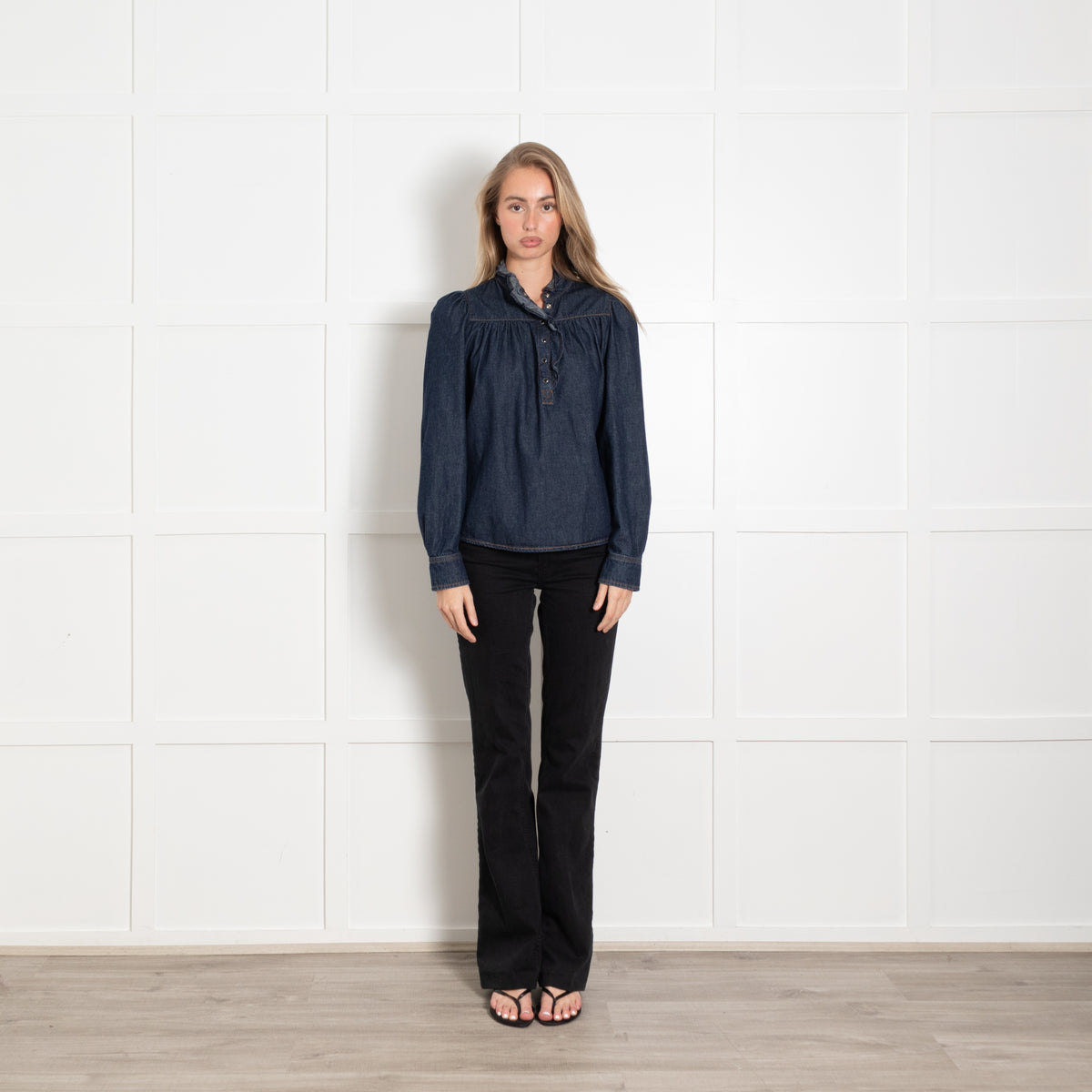 Bash Navy Frill Detail Neck Denim Shirt