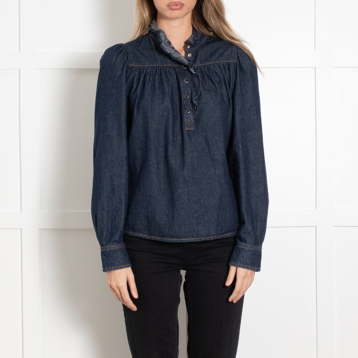 Bash Navy Frill Detail Neck Denim Shirt