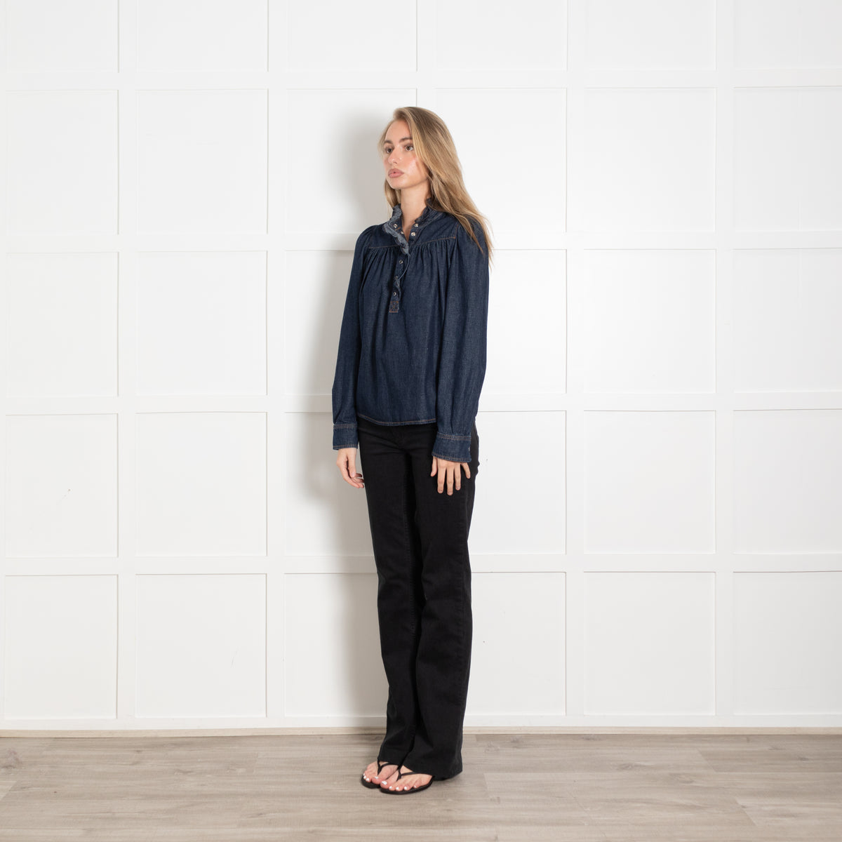 Bash Navy Frill Detail Neck Denim Shirt