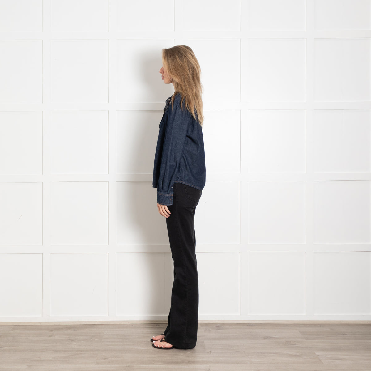 Bash Navy Frill Detail Neck Denim Shirt