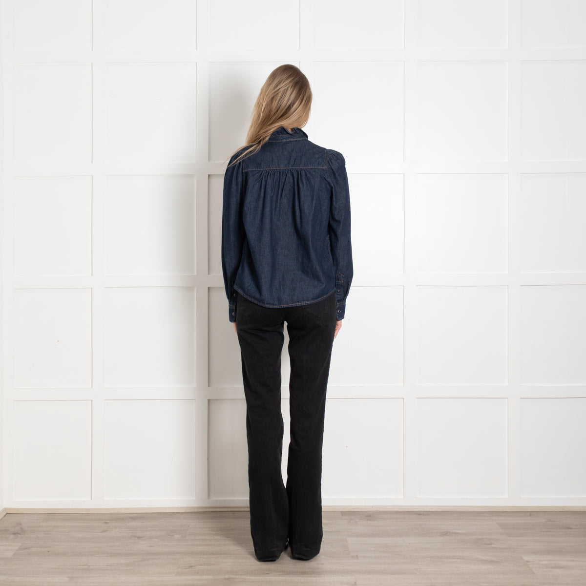 Bash Navy Frill Detail Neck Denim Shirt