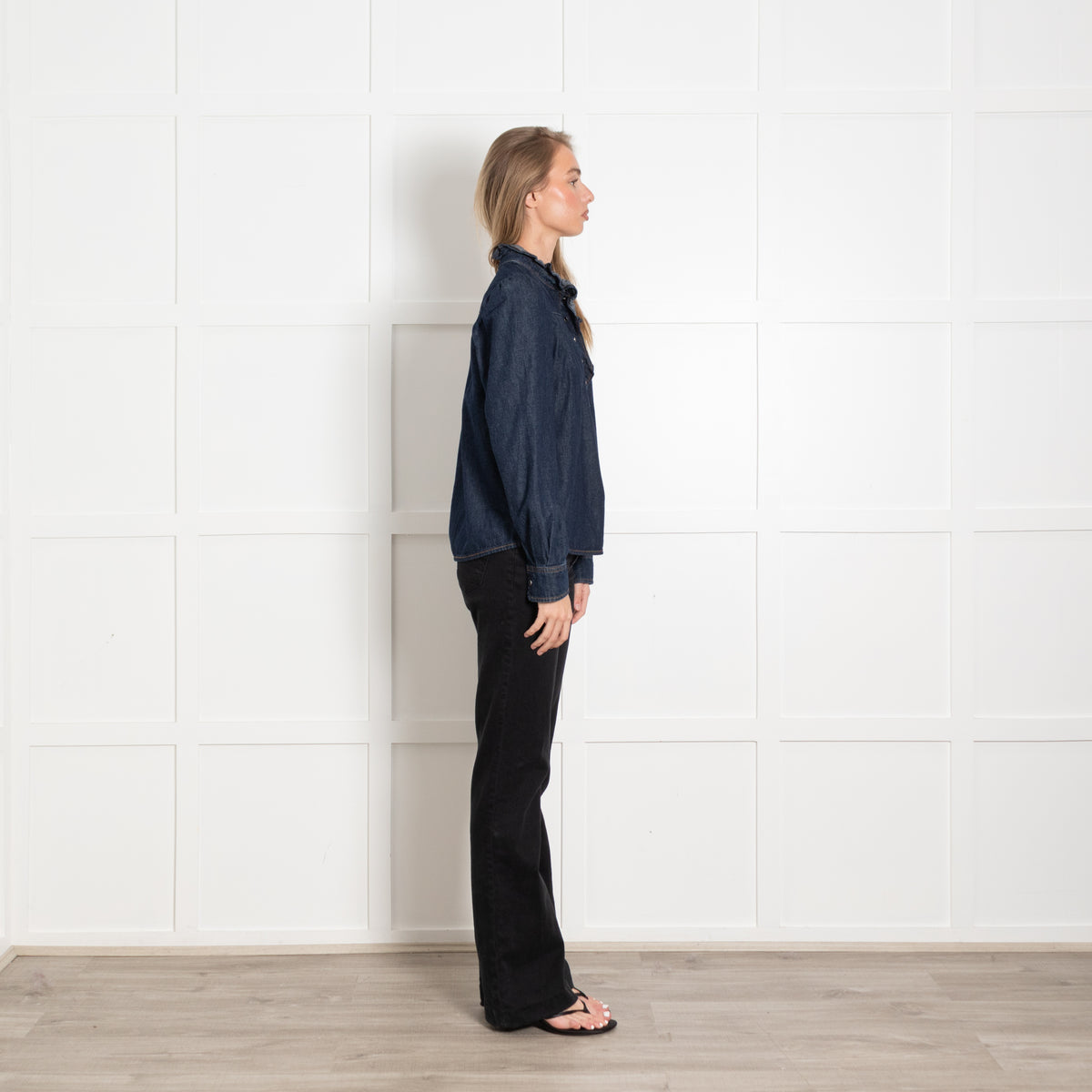 Bash Navy Frill Detail Neck Denim Shirt