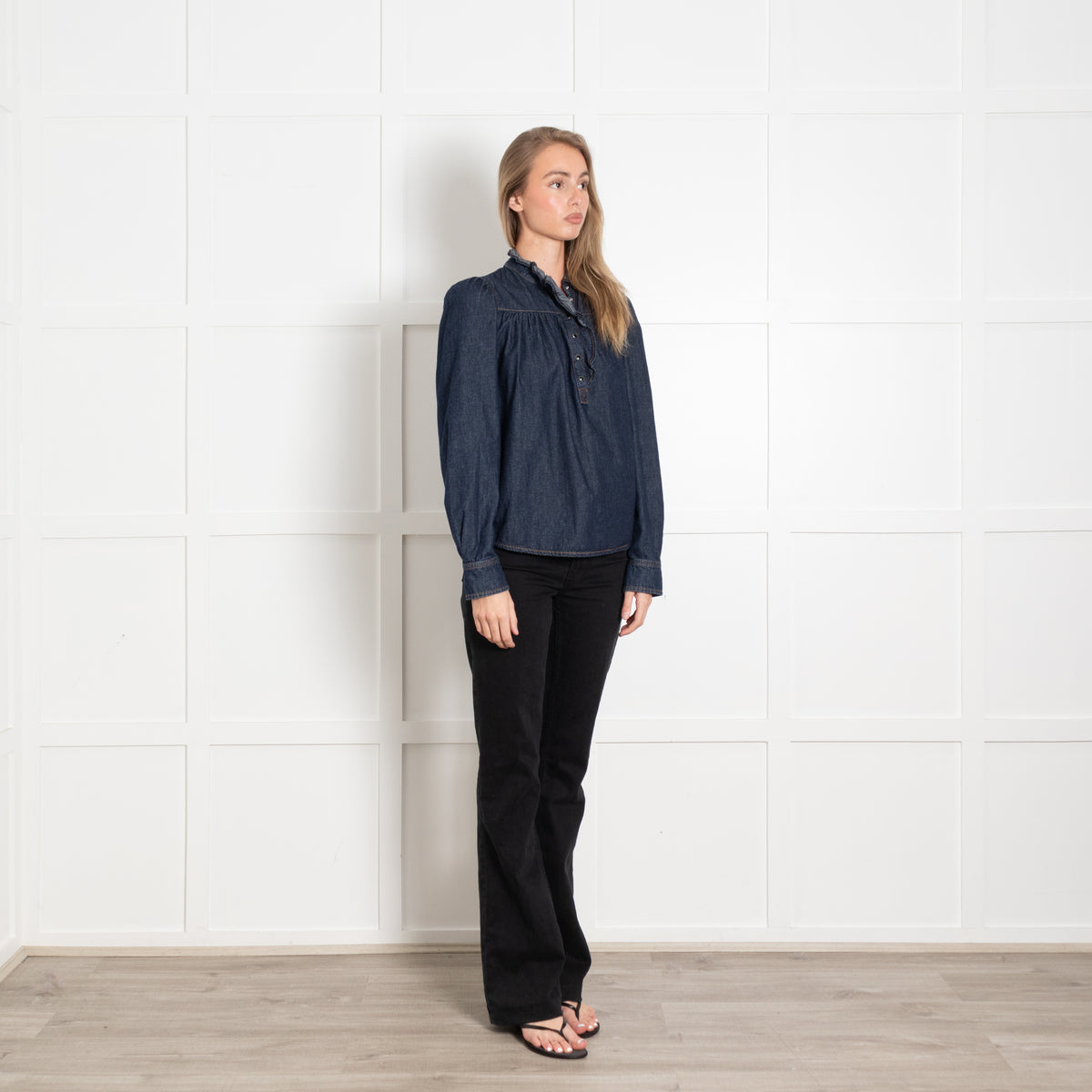 Bash Navy Frill Detail Neck Denim Shirt