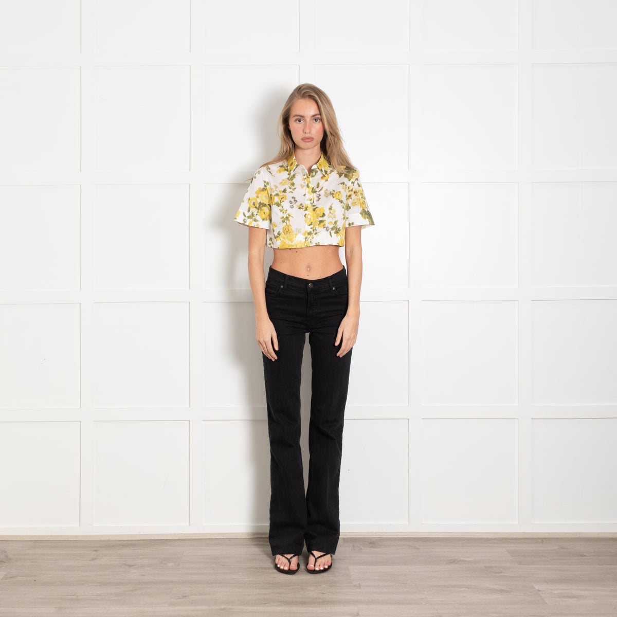 Erdem Cream Yellow Green Floral Cotton Cropped Shirt