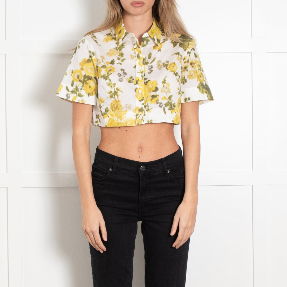 Erdem Cream Yellow Green Floral Cotton Cropped Shirt