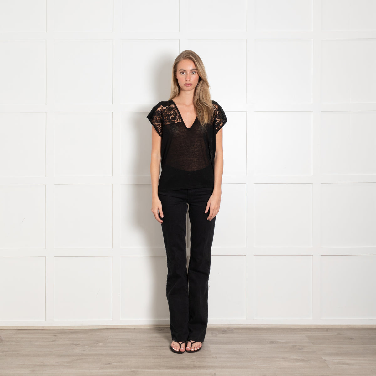 Alice + Olivia Black Light Knit Lace Detail V-Neck Top
