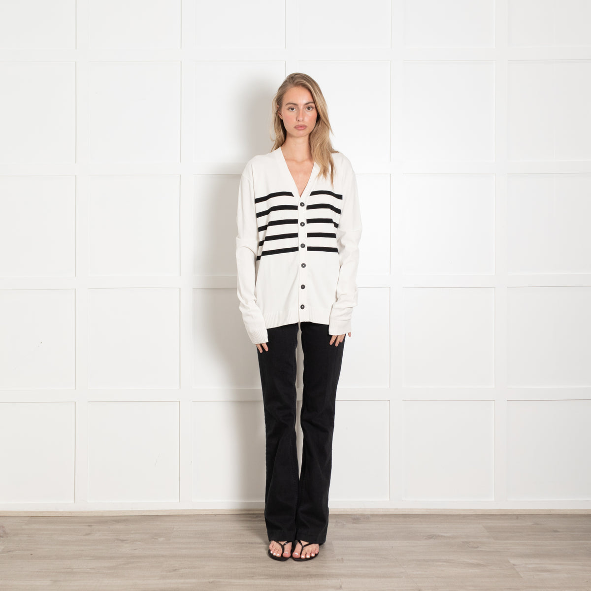 Sarah Pacini Cream Black Striped Cardigan