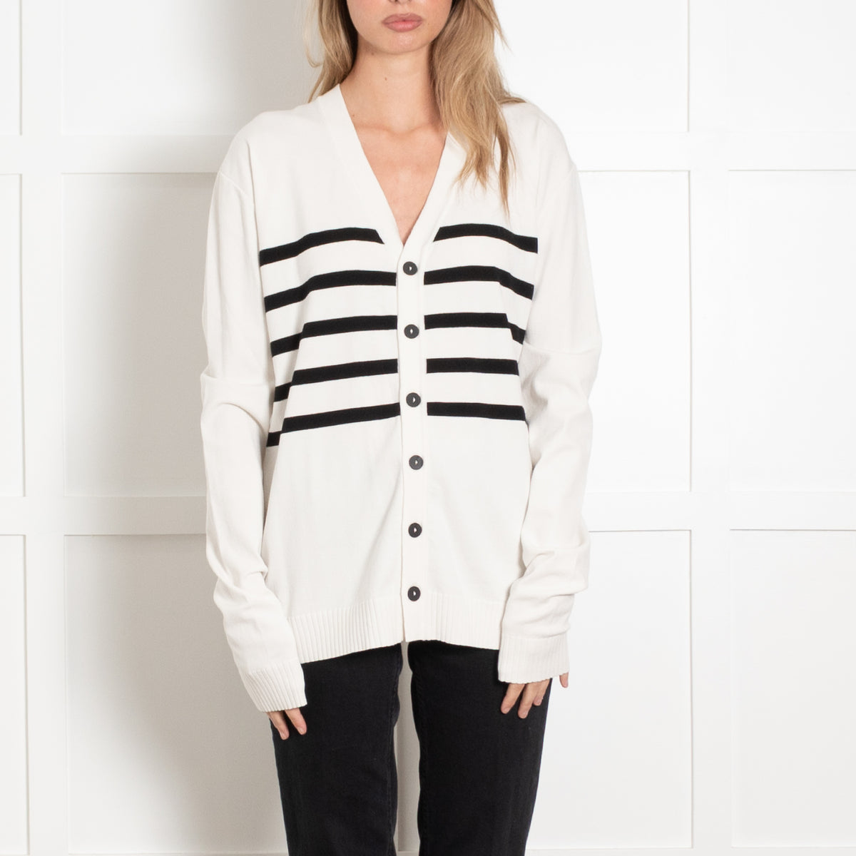 Sarah Pacini Cream Black Striped Cardigan