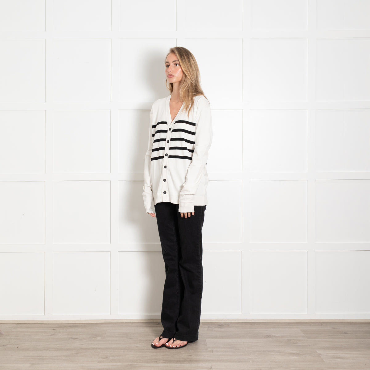 Sarah Pacini Cream Black Striped Cardigan