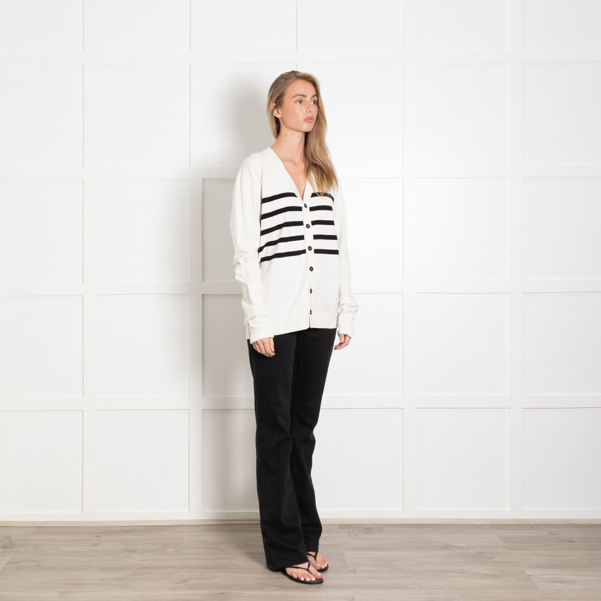 Sarah Pacini Cream Black Striped Cardigan