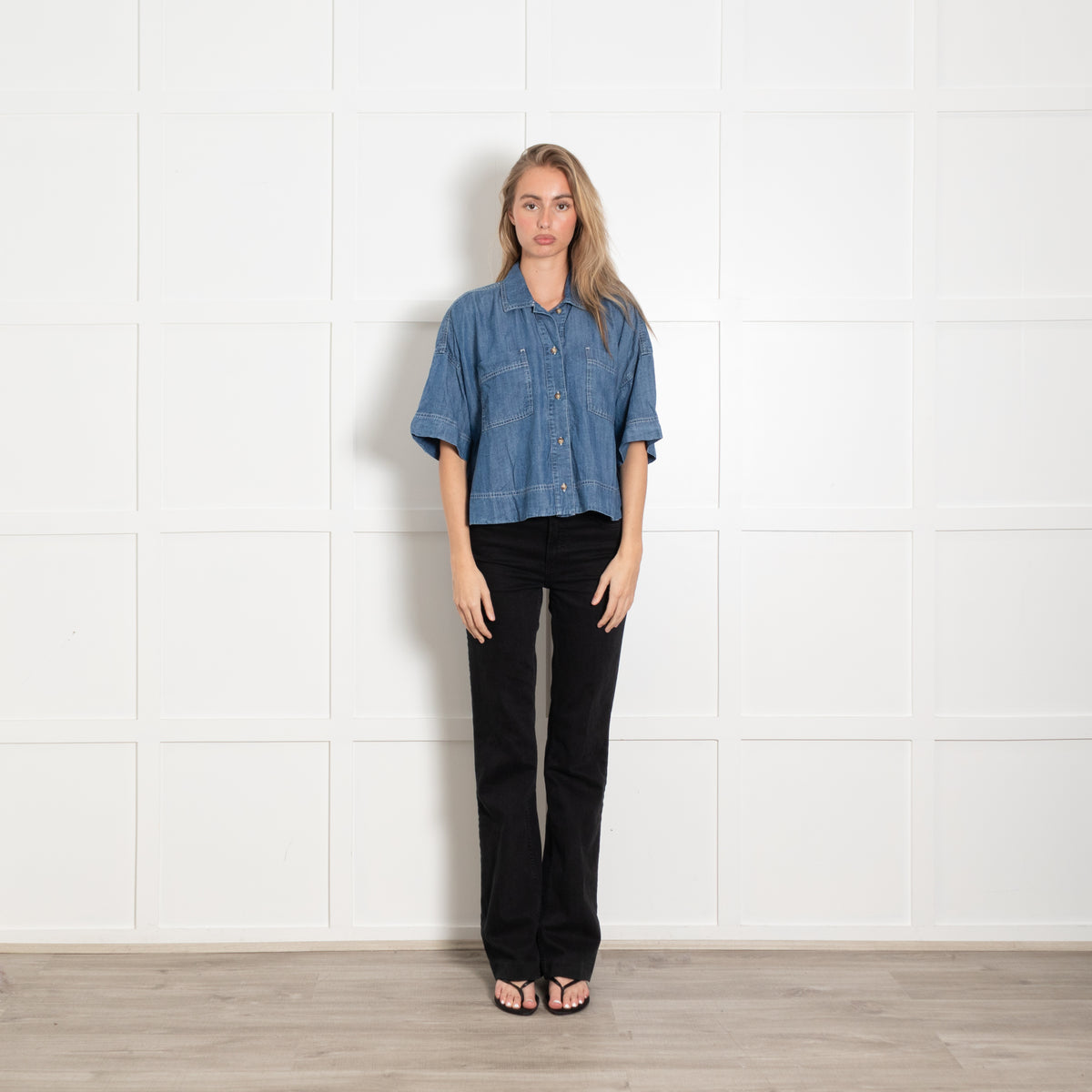 Sacrecoeur Denim Blue Short Sleeve Oversized Cropped Shirt