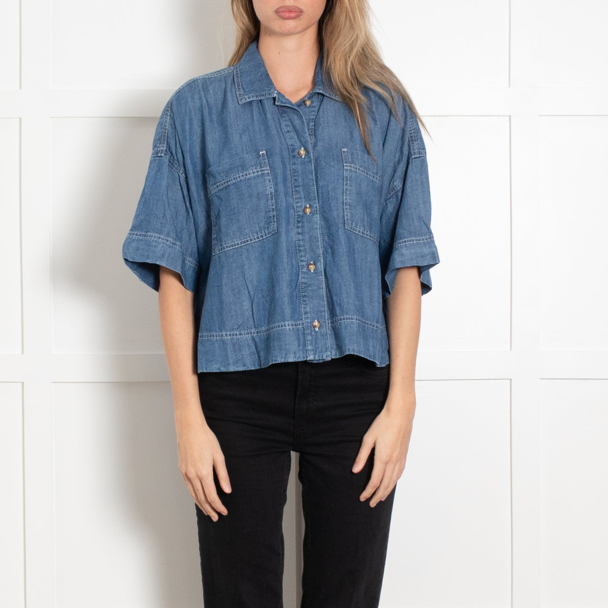 Sacrecoeur Denim Blue Short Sleeve Oversized Cropped Shirt