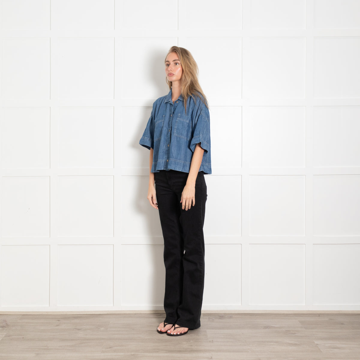 Sacrecoeur Denim Blue Short Sleeve Oversized Cropped Shirt