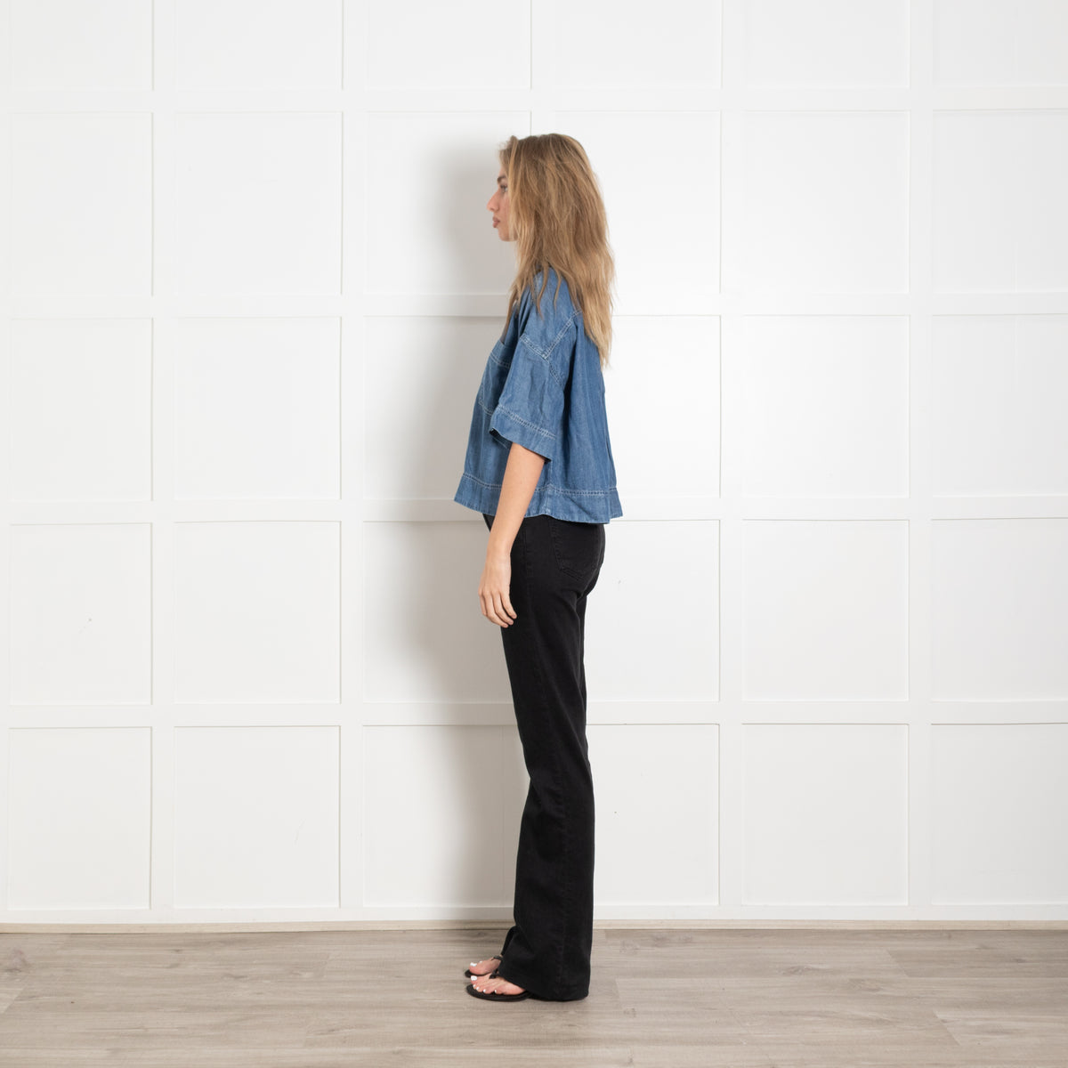 Sacrecoeur Denim Blue Short Sleeve Oversized Cropped Shirt
