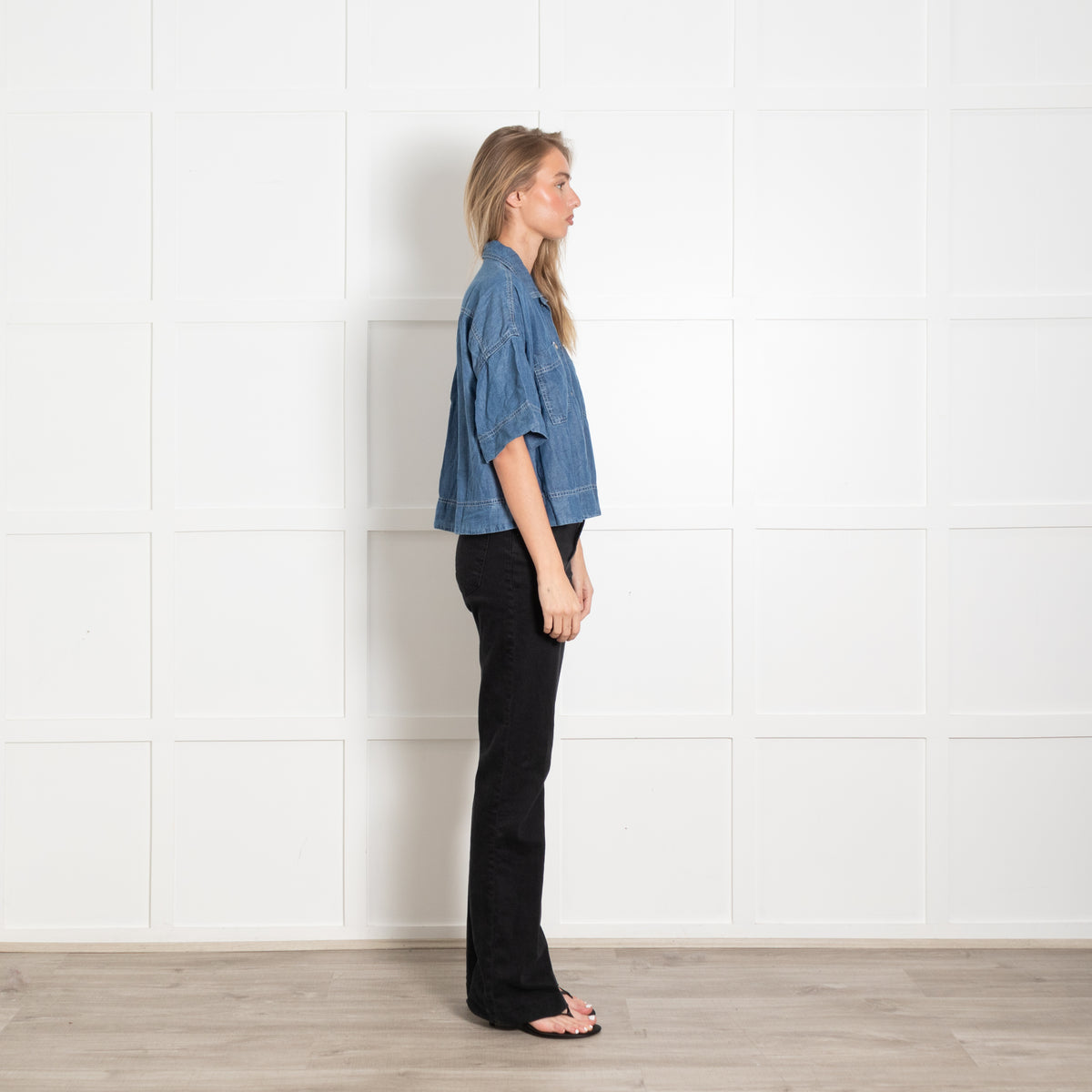 Sacrecoeur Denim Blue Short Sleeve Oversized Cropped Shirt