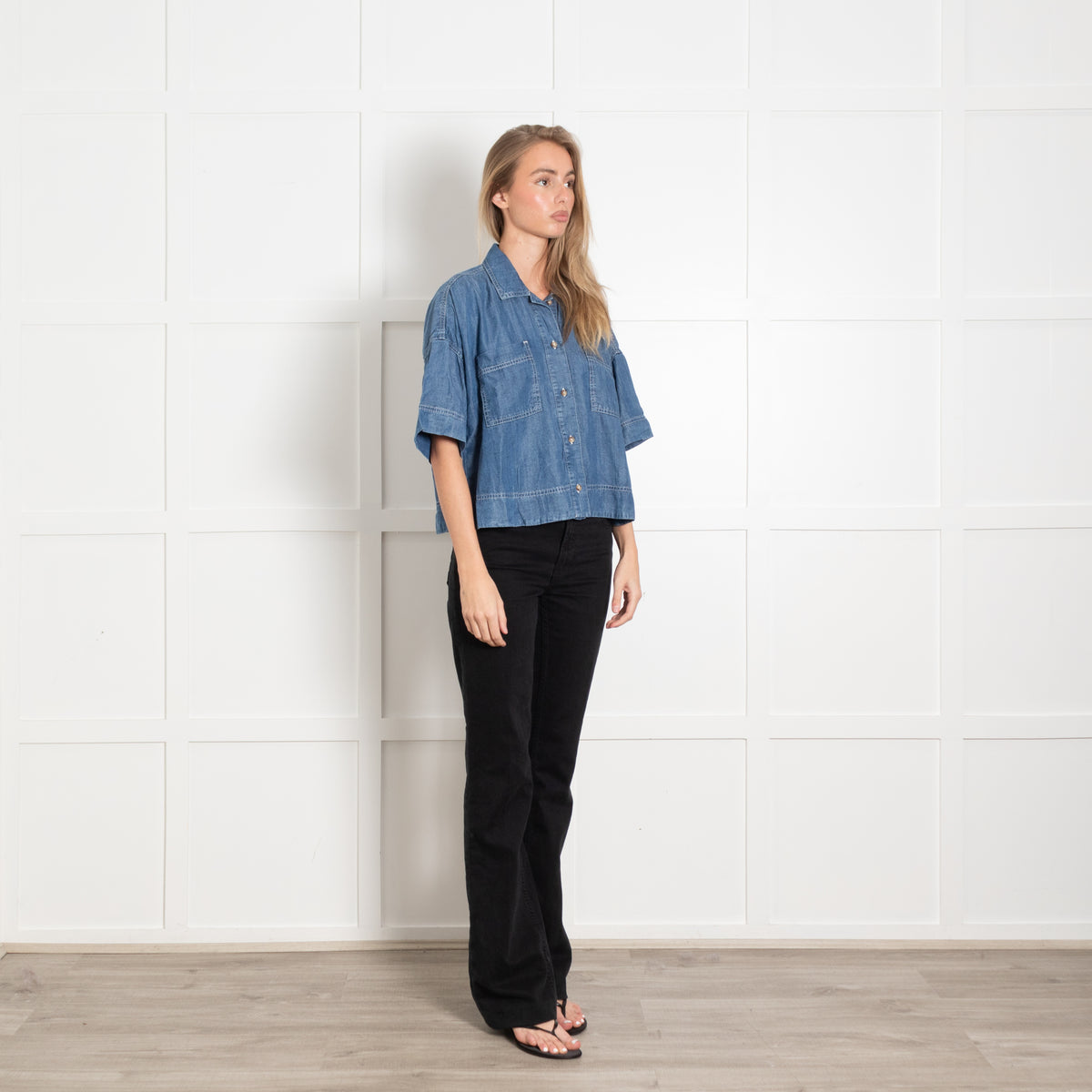 Sacrecoeur Denim Blue Short Sleeve Oversized Cropped Shirt