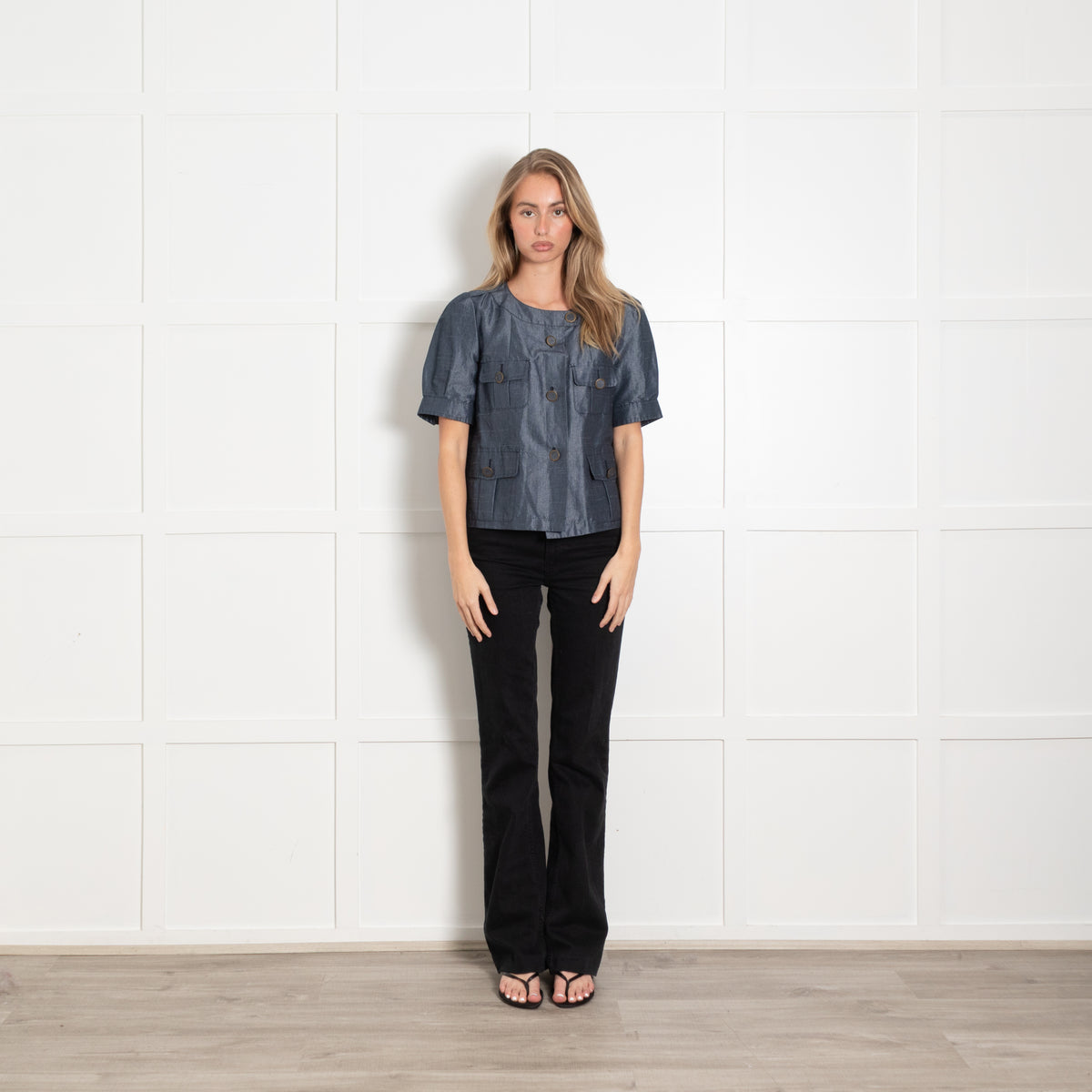 Sportmax Blue Cotton Linen Blend Pocket Detail Short Sleeve Jacket