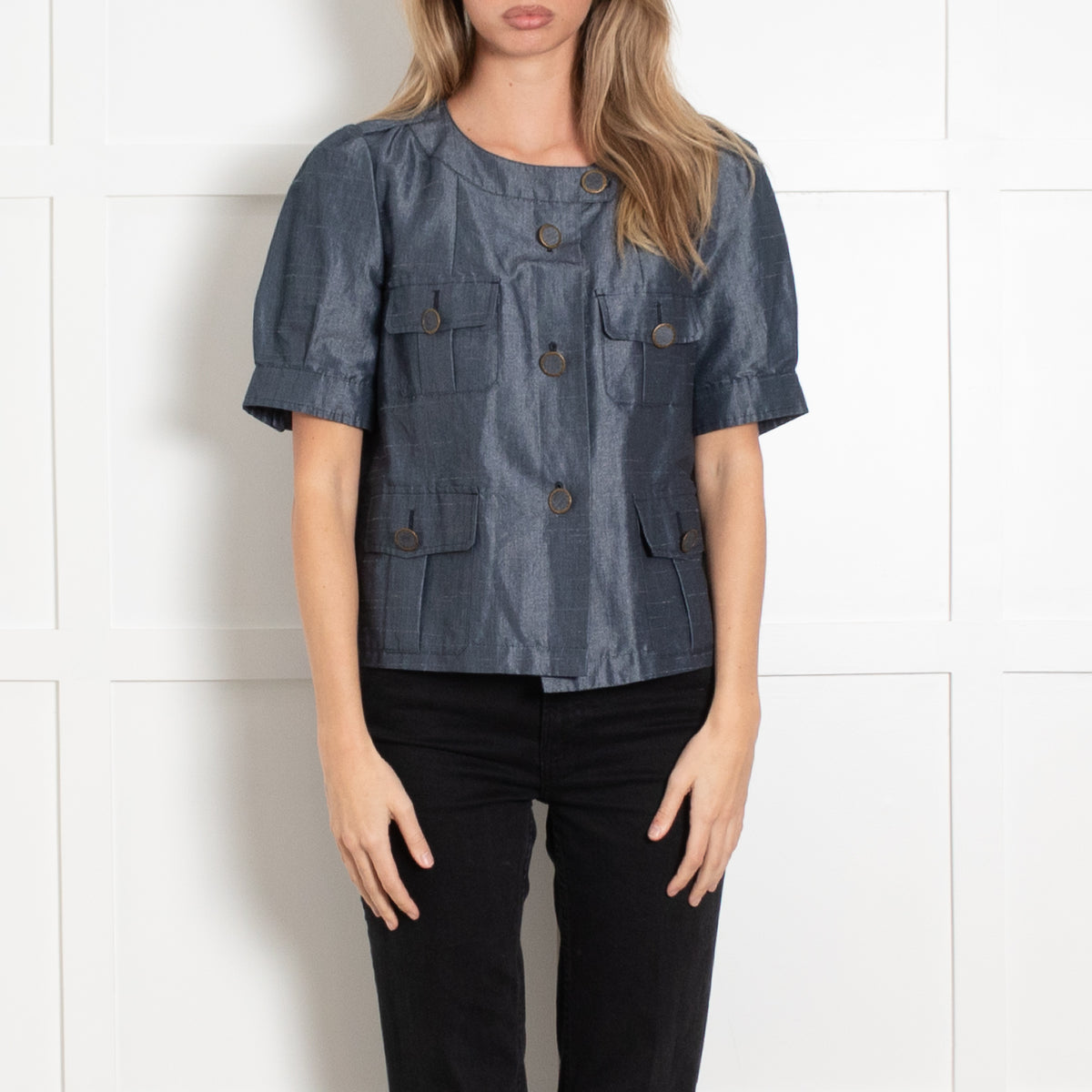 Sportmax Blue Cotton Linen Blend Pocket Detail Short Sleeve Jacket