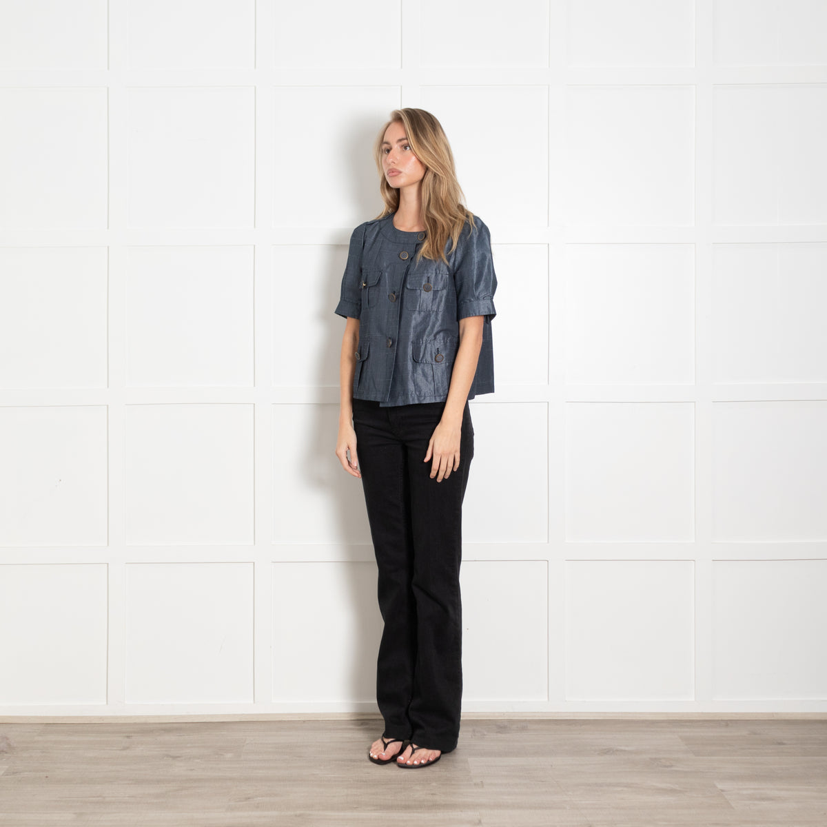Sportmax Blue Cotton Linen Blend Pocket Detail Short Sleeve Jacket