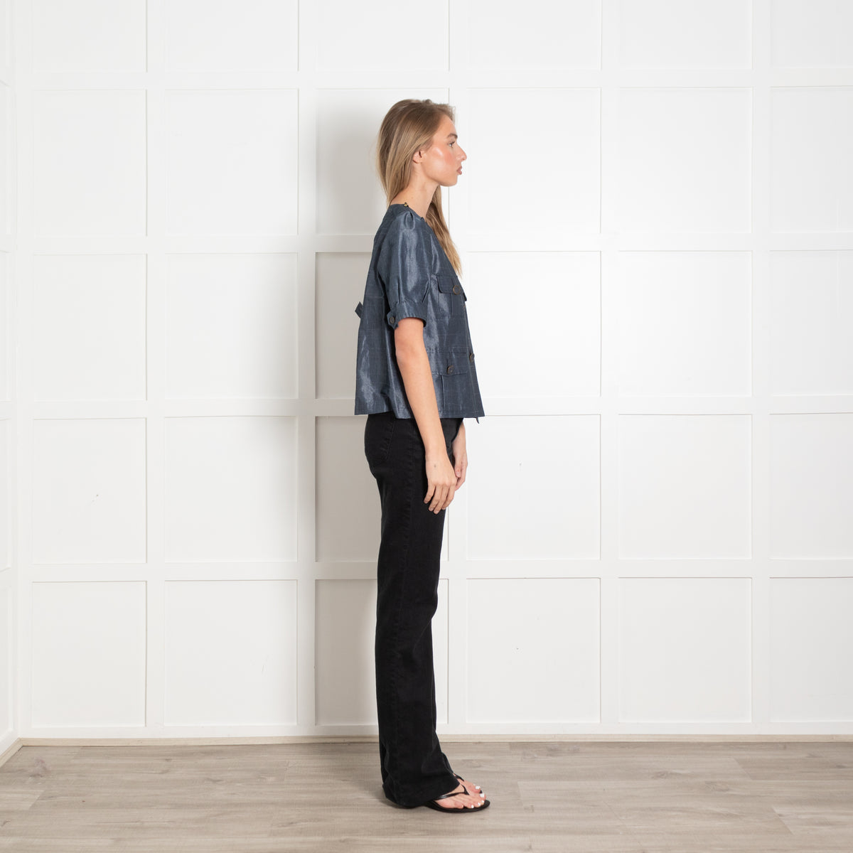 Sportmax Blue Cotton Linen Blend Pocket Detail Short Sleeve Jacket