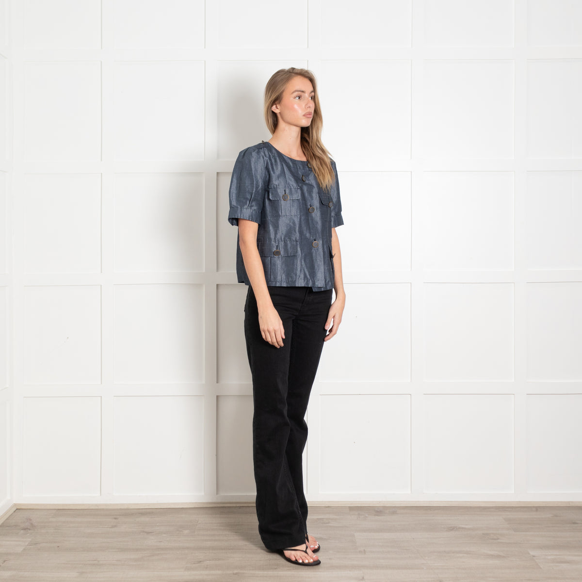 Sportmax Blue Cotton Linen Blend Pocket Detail Short Sleeve Jacket