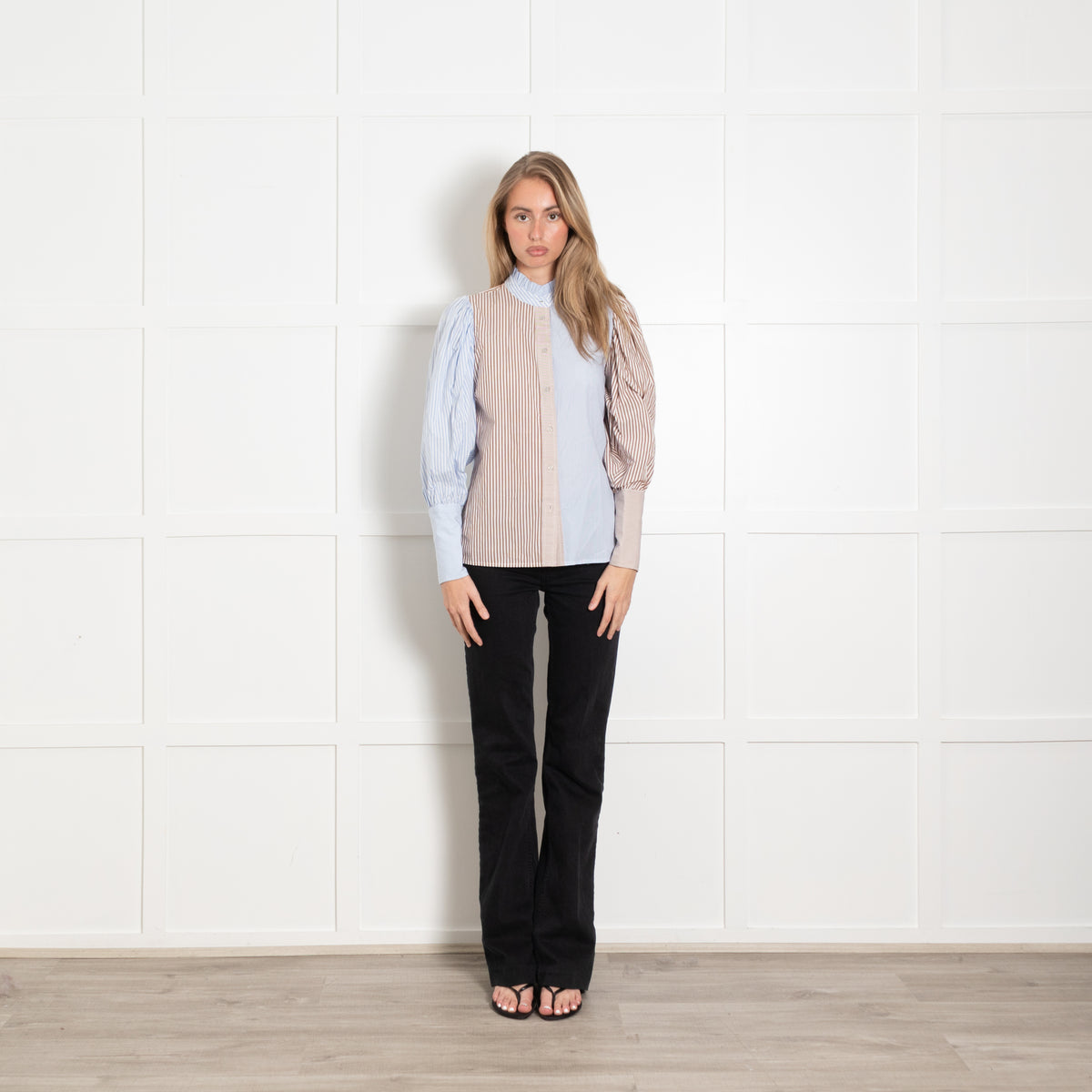 Co'couture White Blue Tan Striped Puff Sleeve Shirt