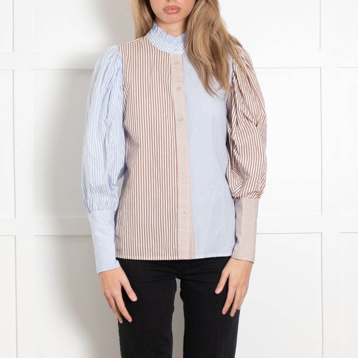 Co'couture White Blue Tan Striped Puff Sleeve Shirt