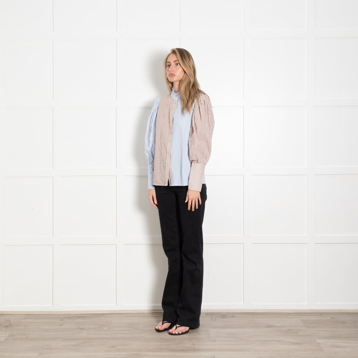Co'couture White Blue Tan Striped Puff Sleeve Shirt