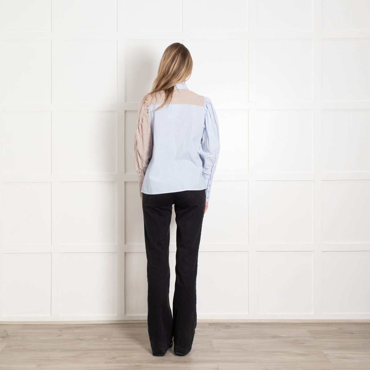 Co'couture White Blue Tan Striped Puff Sleeve Shirt