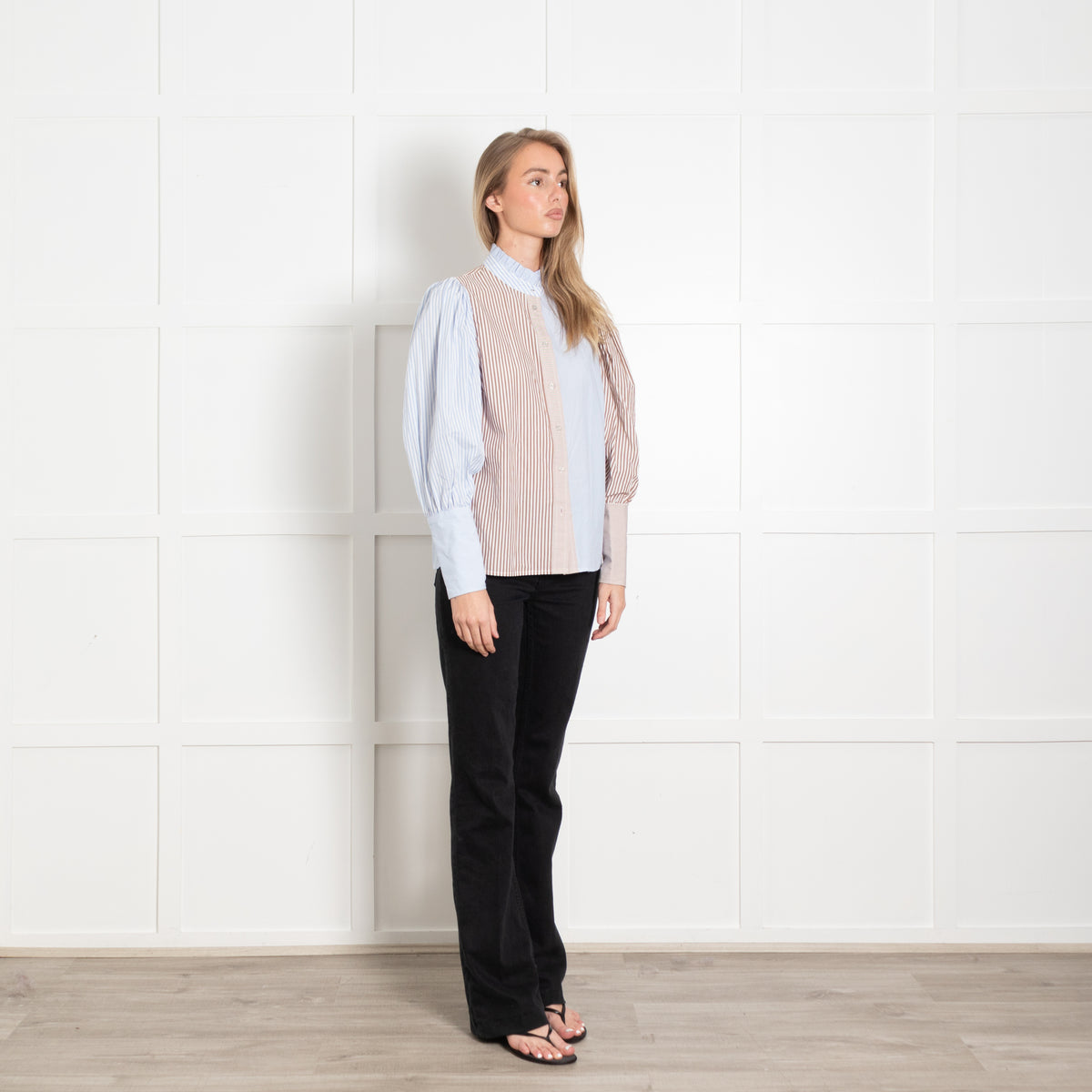 Co'couture White Blue Tan Striped Puff Sleeve Shirt