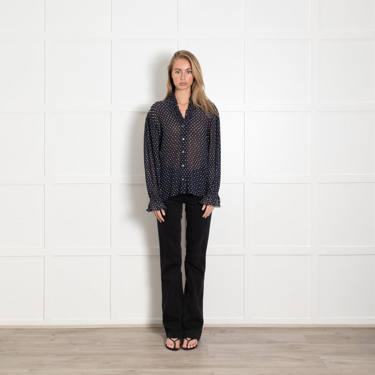 Sandro Navy Ditzy Flower Print Sheer Frill Trim Blouse