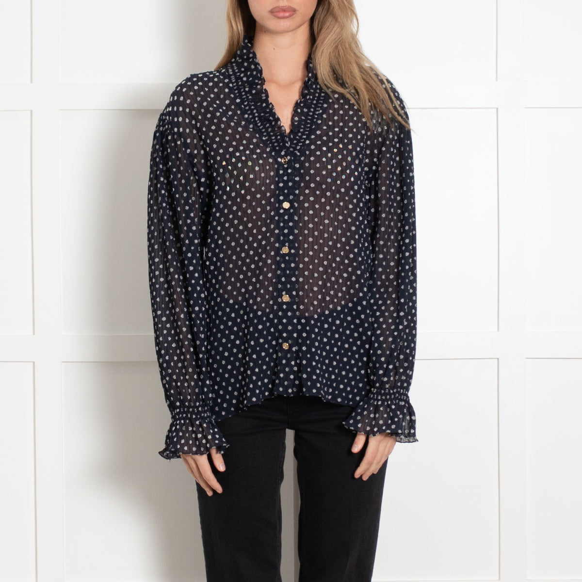Sandro Navy Ditzy Flower Print Sheer Frill Trim Blouse