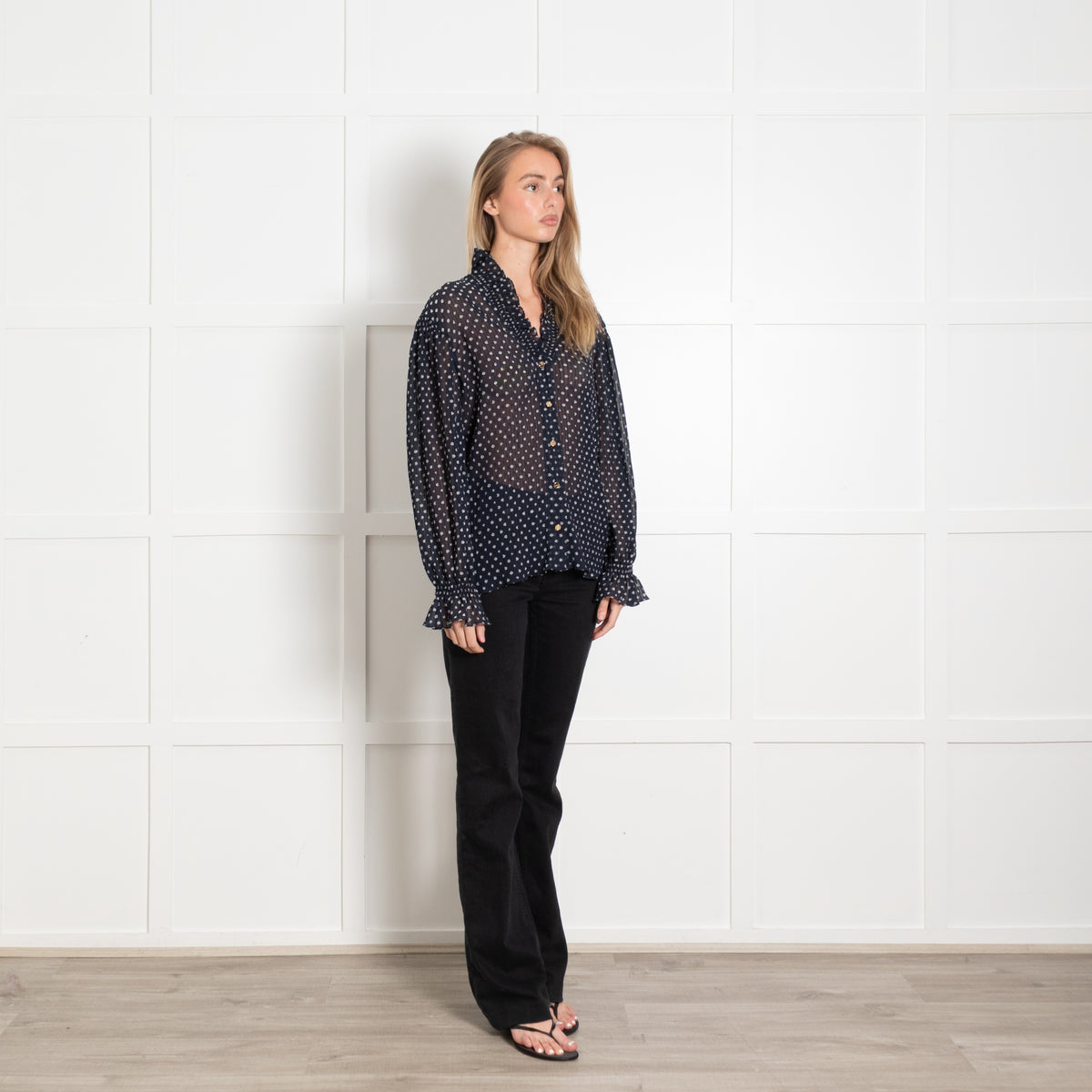 Sandro Navy Ditzy Flower Print Sheer Frill Trim Blouse