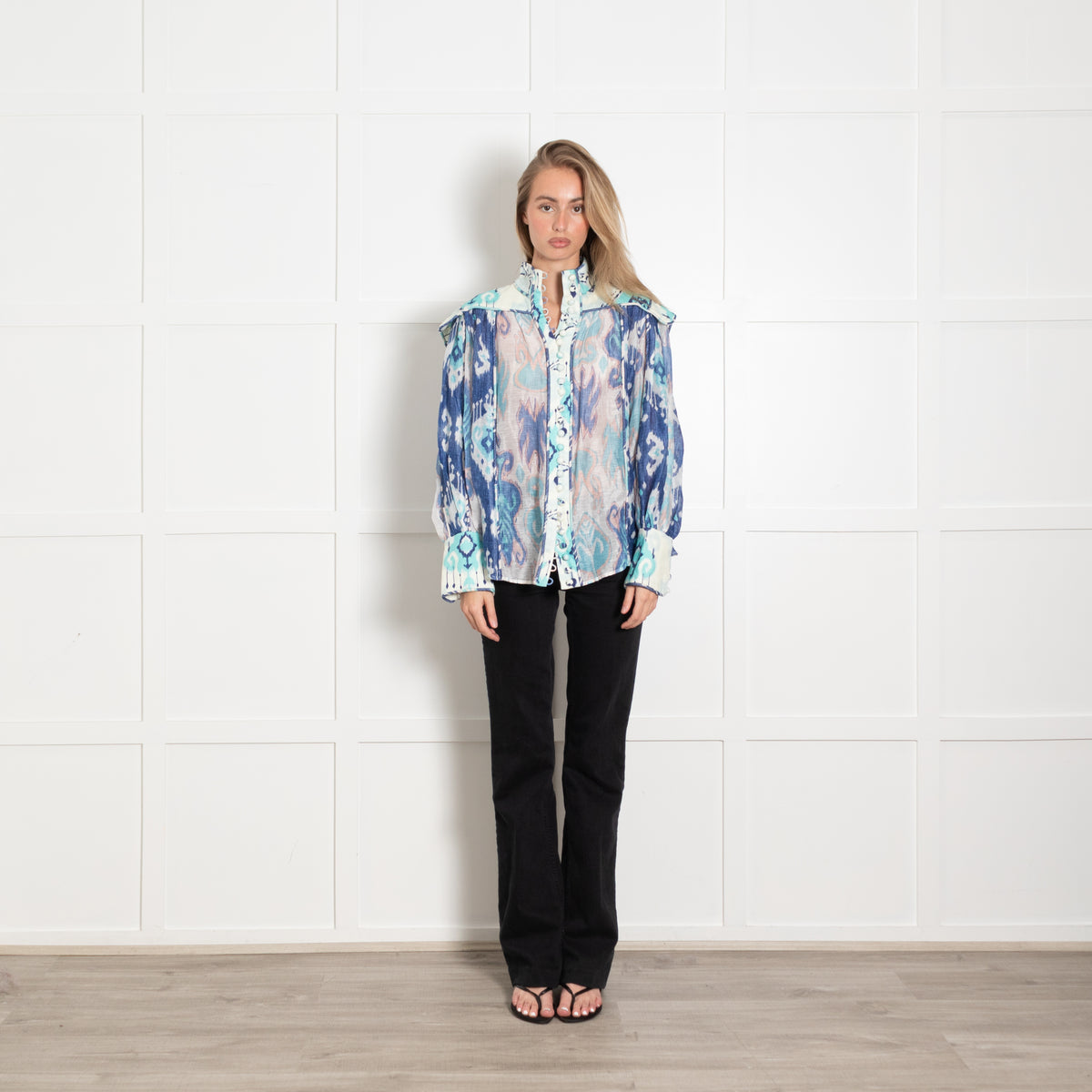 Zimmermann Cream Blue Ikat-Print Linen Blend Organza Blouse