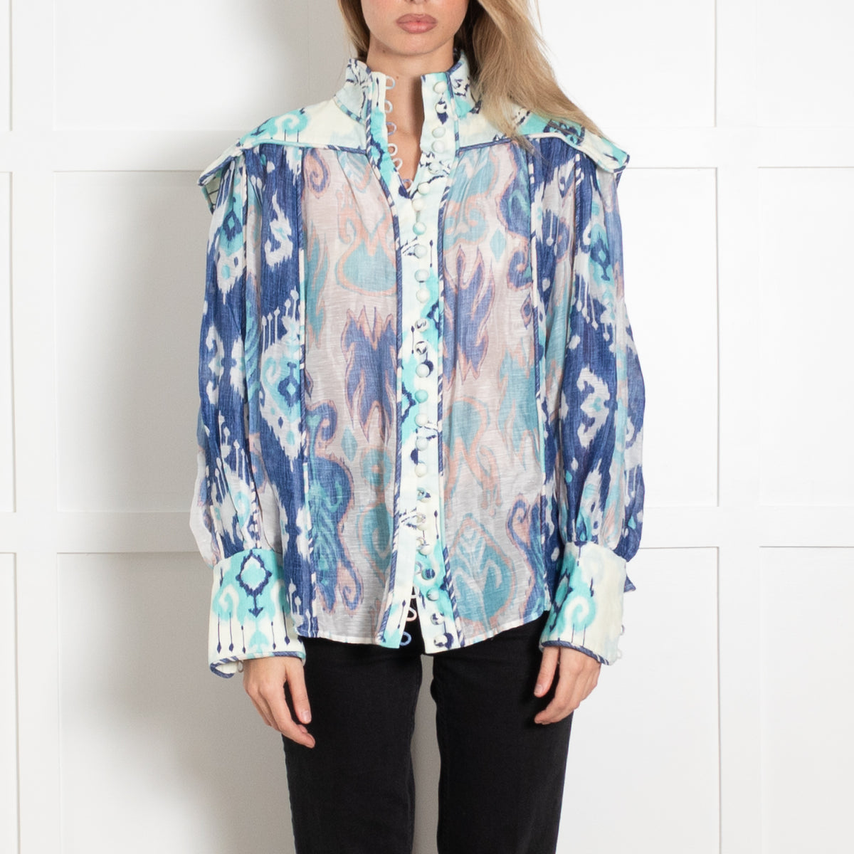 Zimmermann Cream Blue Ikat-Print Linen Blend Organza Blouse
