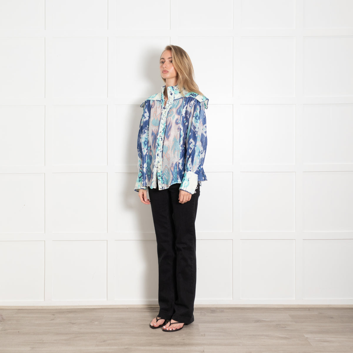 Zimmermann Cream Blue Ikat-Print Linen Blend Organza Blouse
